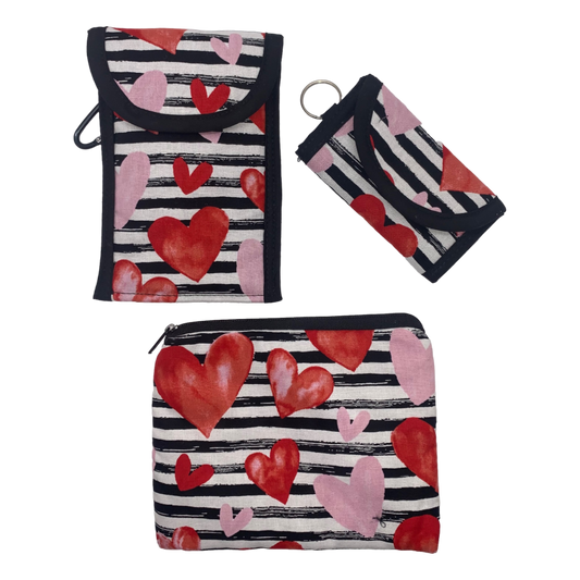 HEARTS & STRIPES “SET” - Eyeglass Case, Cosmetic Case & Key I.D. Holder