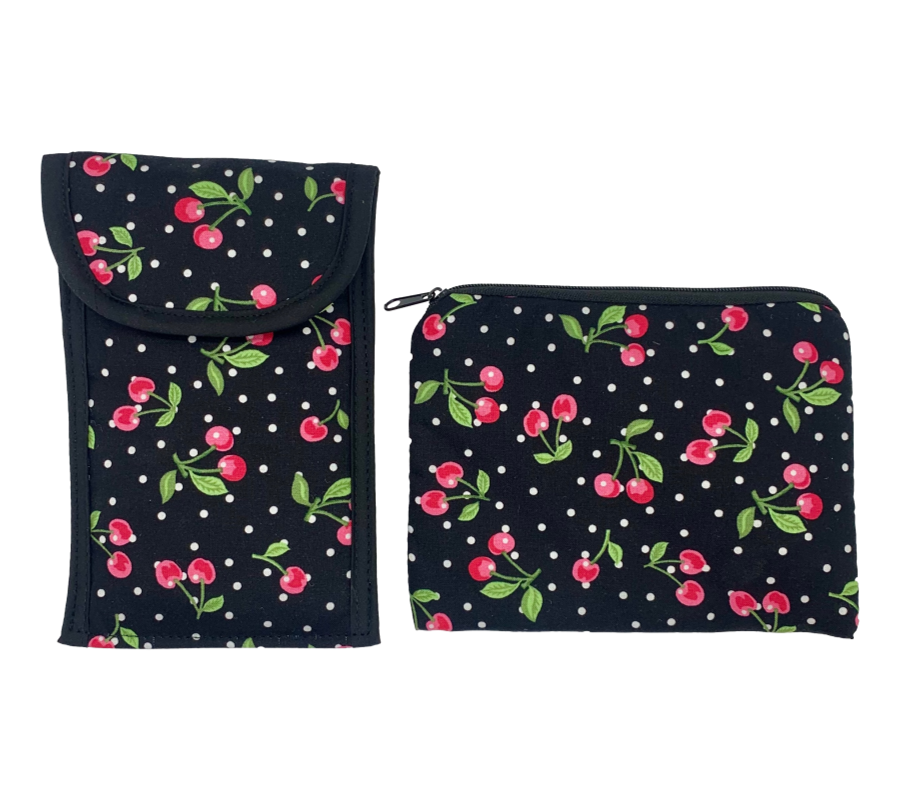 "Double" Eyeglass Case & Small Cosmetic Case Set - Tiny Cherries