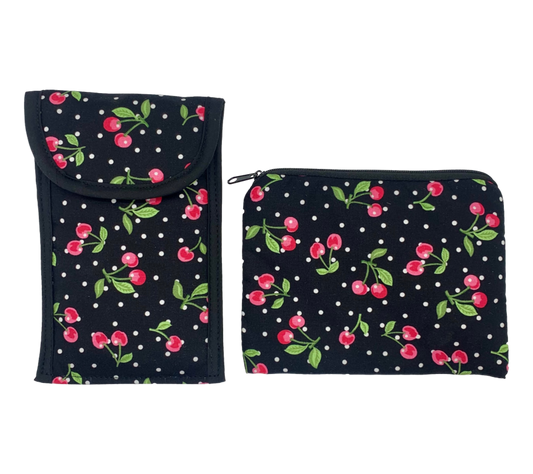 "Double" Eyeglass Case & Small Cosmetic Case Set - Tiny Cherries