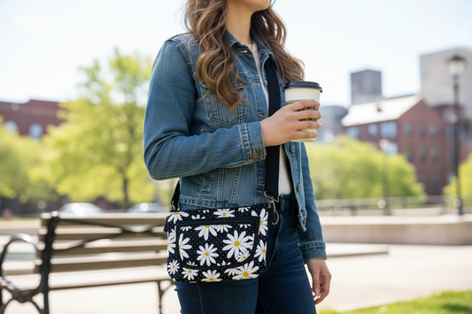Crossbody purse on model wearing denim