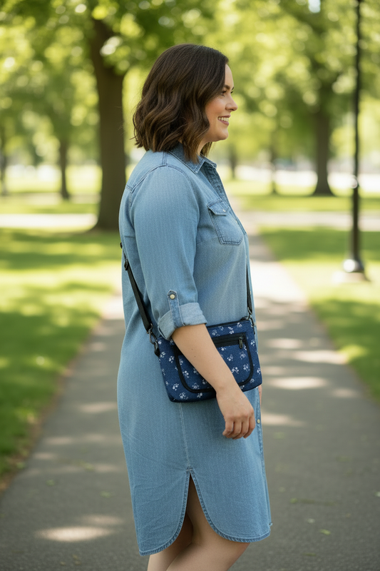Side Shot - Crossbody Purse on Plus-Size Model in Denim Shirt Dress